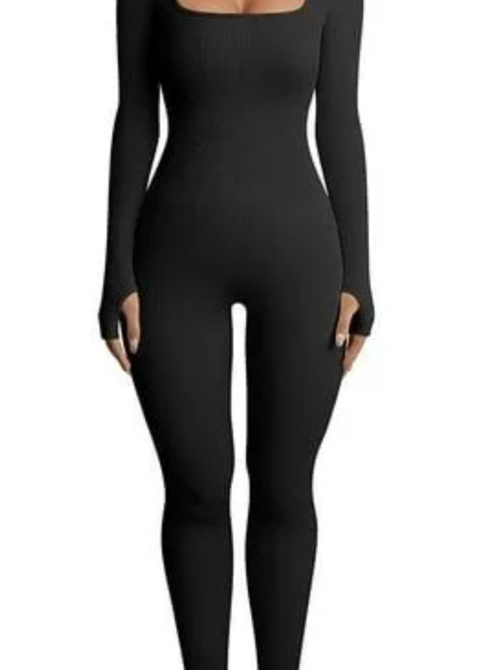 Long-Sleeve Black Ribbed Square-Neck Jumpsuit - XS